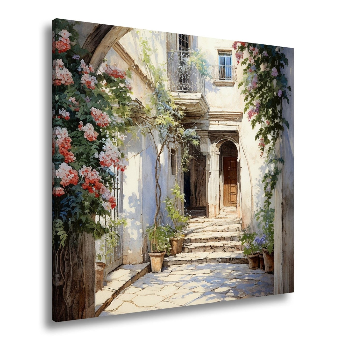 Leinwandbild Verwunschener Innenhof voller Licht, Blumen und leiser Geschichten - deyoli