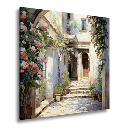 Leinwandbild Verwunschener Innenhof voller Licht, Blumen und leiser Geschichten - deyoli
