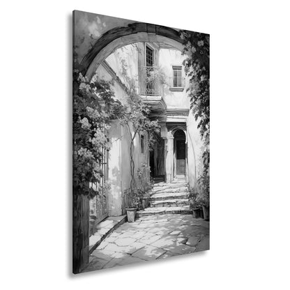 Leinwandbild Verwunschener Innenhof voller Licht, Blumen und leiser Geschichten - deyoli
