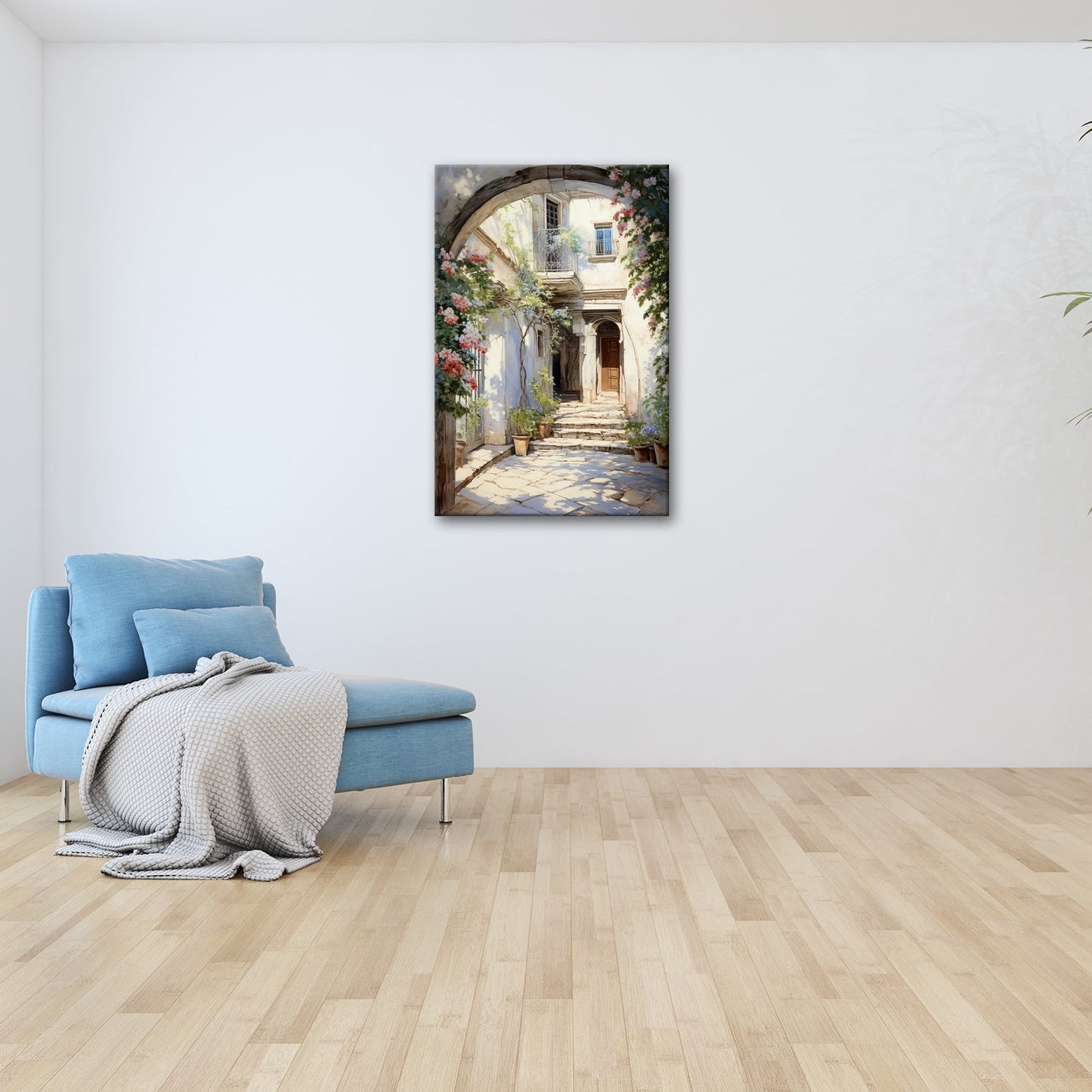 Leinwandbild Verwunschener Innenhof voller Licht, Blumen und leiser Geschichten - deyoli