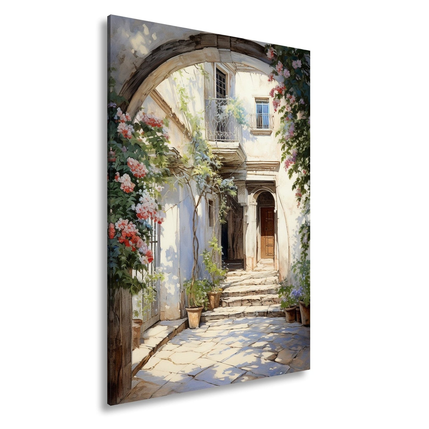 Leinwandbild Verwunschener Innenhof voller Licht, Blumen und leiser Geschichten - deyoli