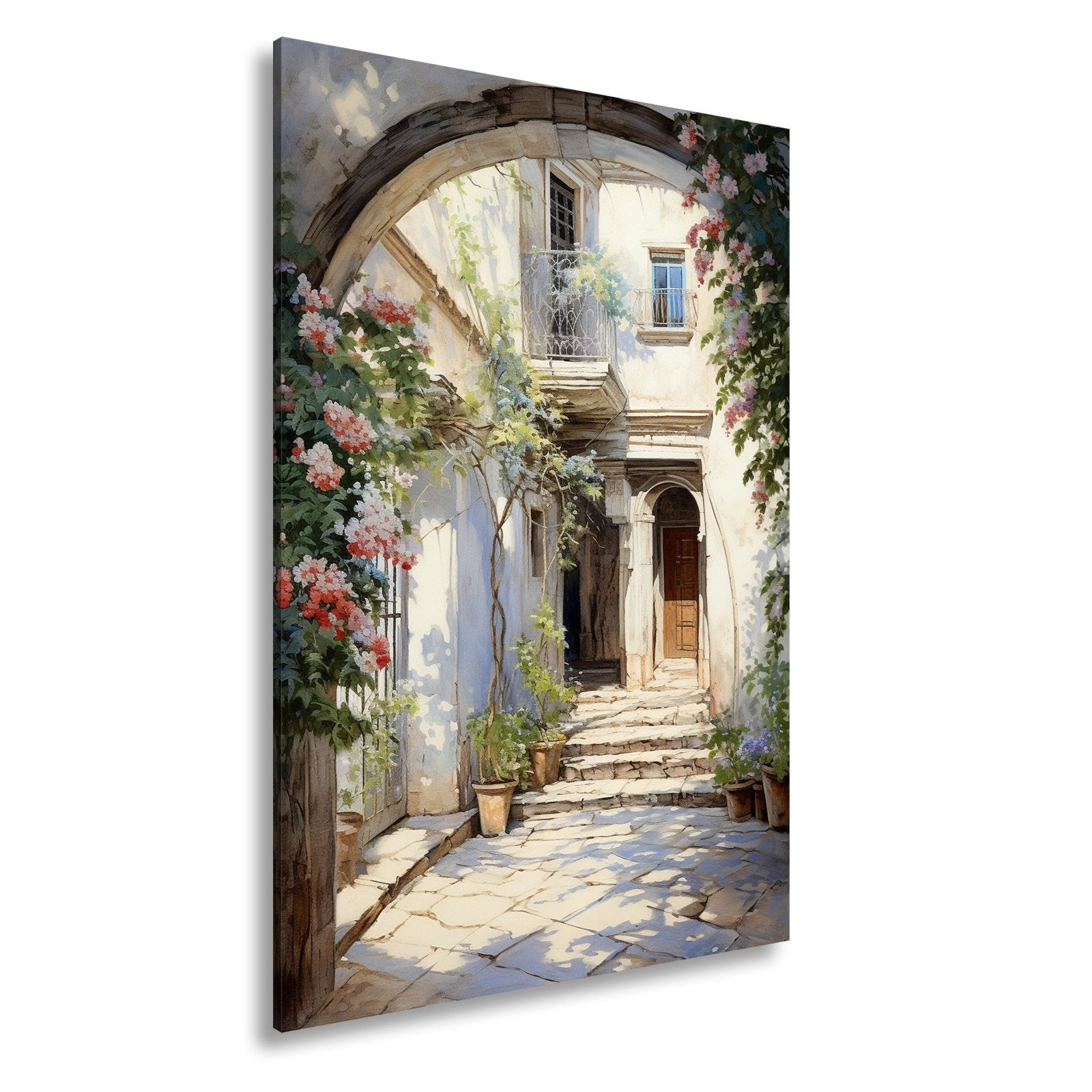 Leinwandbild Verwunschener Innenhof voller Licht, Blumen und leiser Geschichten - deyoli