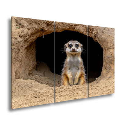 Leinwandbild Wächter der Wüste – Erdmännchen posiert vor dunklem Bau. - deyoli