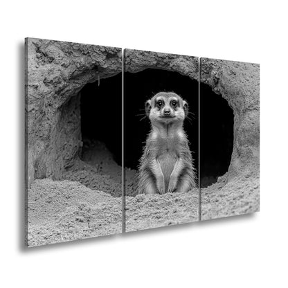 Leinwandbild Wächter der Wüste – Erdmännchen posiert vor dunklem Bau. - deyoli