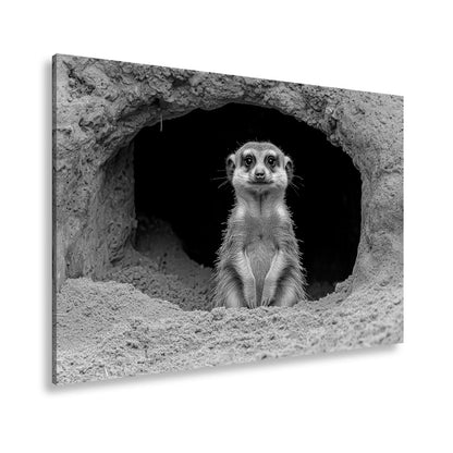 Leinwandbild Wächter der Wüste – Erdmännchen posiert vor dunklem Bau. - deyoli