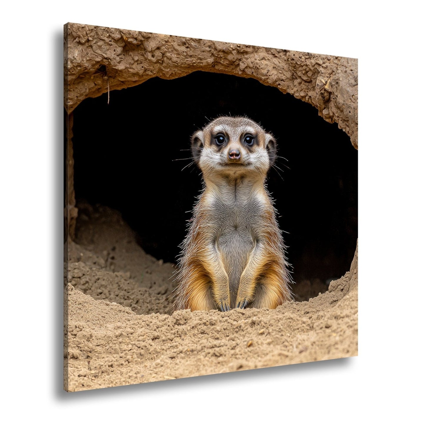 Leinwandbild Wächter der Wüste – Erdmännchen posiert vor dunklem Bau. - deyoli