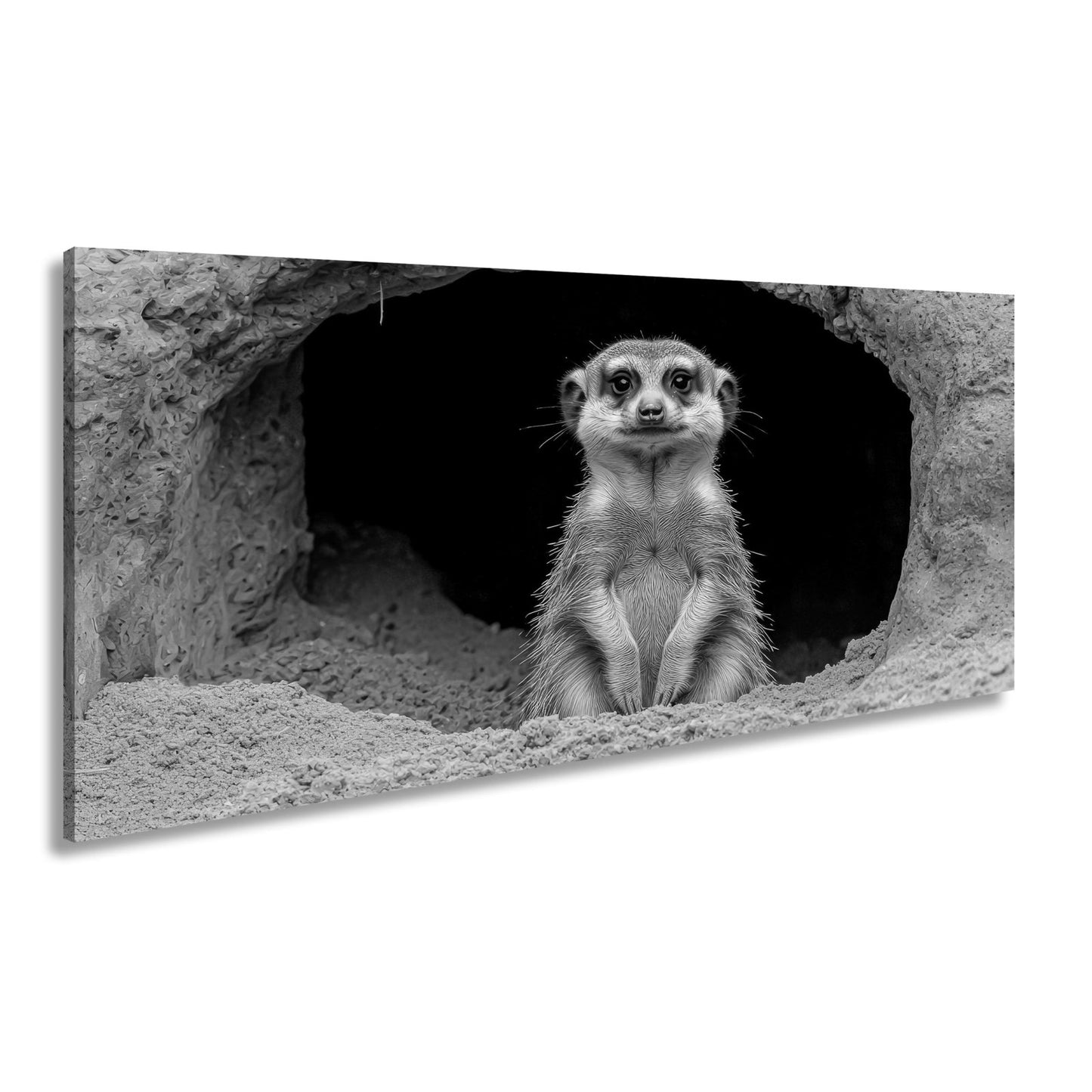 Leinwandbild Wächter der Wüste – Erdmännchen posiert vor dunklem Bau. - deyoli