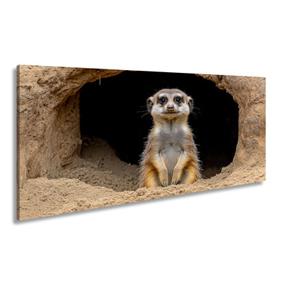Leinwandbild Wächter der Wüste – Erdmännchen posiert vor dunklem Bau. - deyoli