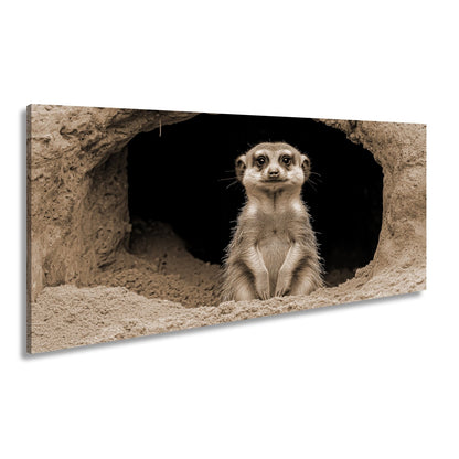 Leinwandbild Wächter der Wüste – Erdmännchen posiert vor dunklem Bau. - deyoli