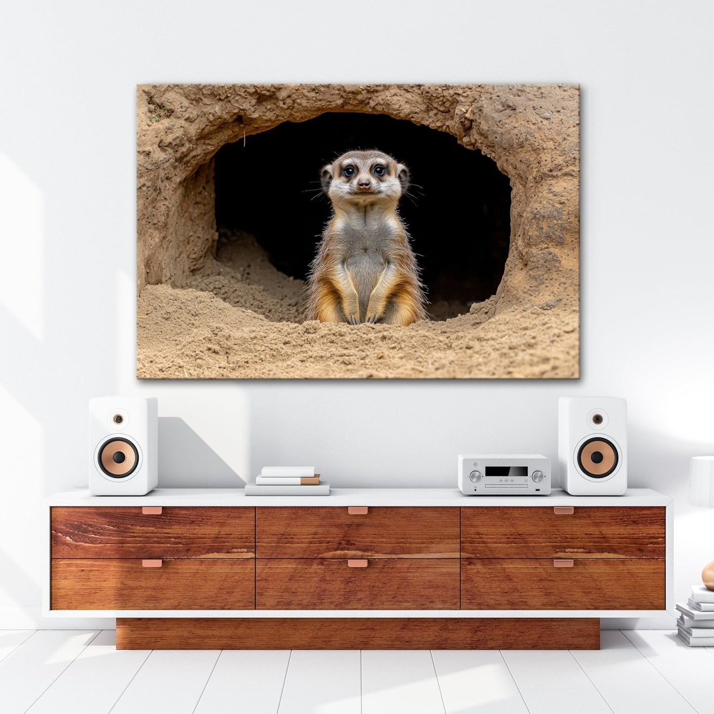 Leinwandbild Wächter der Wüste – Erdmännchen posiert vor dunklem Bau. - deyoli