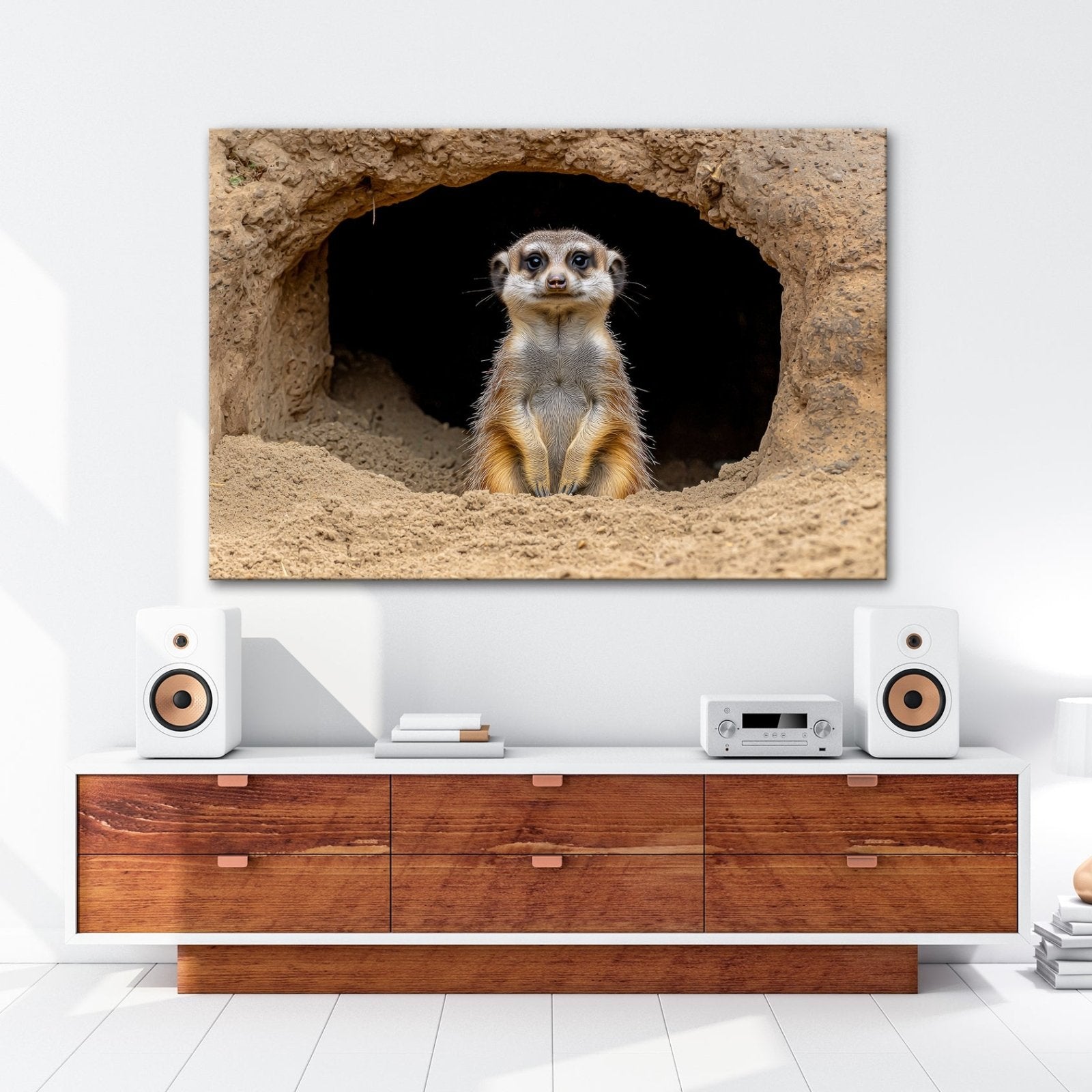 Leinwandbild Wächter der Wüste – Erdmännchen posiert vor dunklem Bau. - deyoli