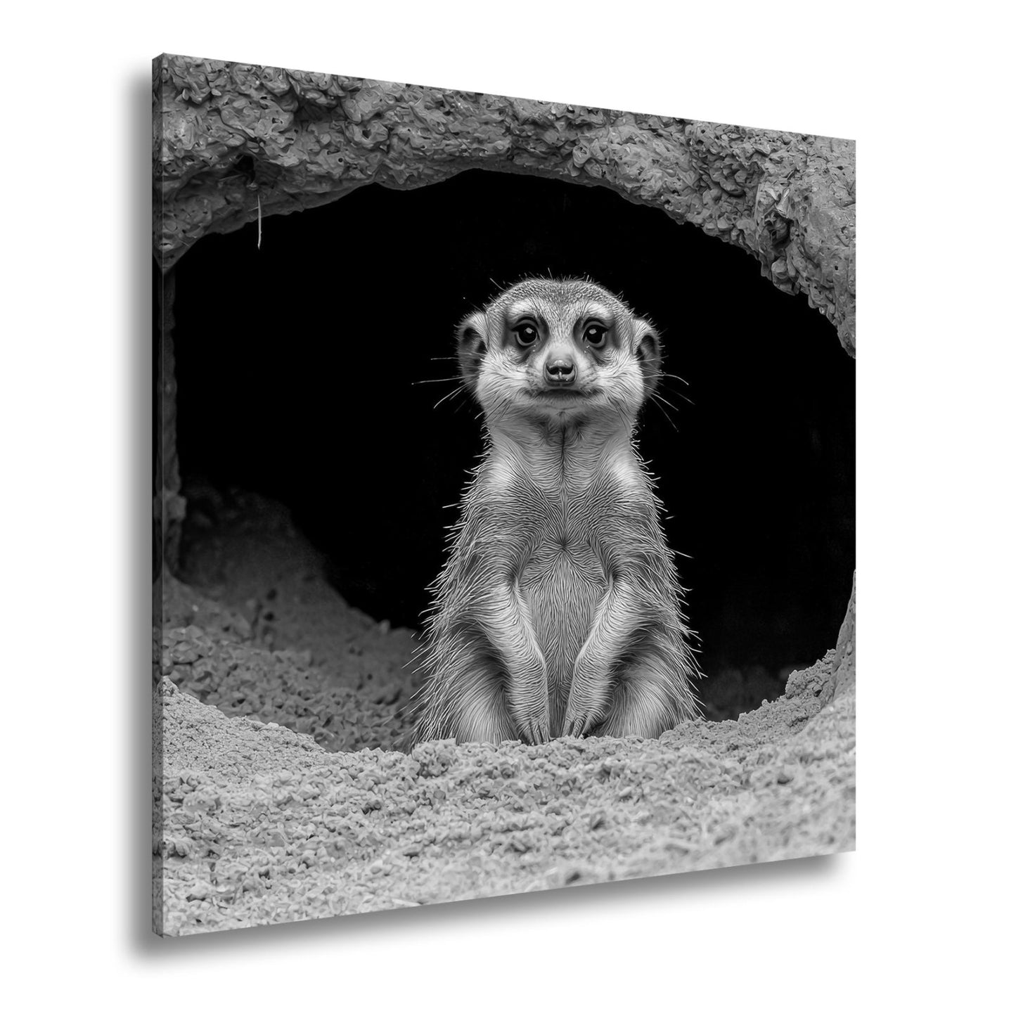 Leinwandbild Wächter der Wüste – Erdmännchen posiert vor dunklem Bau. - deyoli