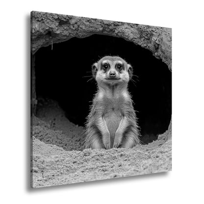 Leinwandbild Wächter der Wüste – Erdmännchen posiert vor dunklem Bau. - deyoli