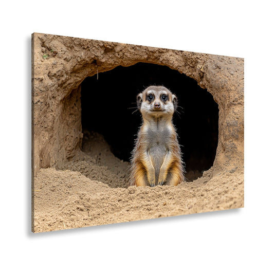 Leinwandbild Wächter der Wüste – Erdmännchen posiert vor dunklem Bau. - deyoli