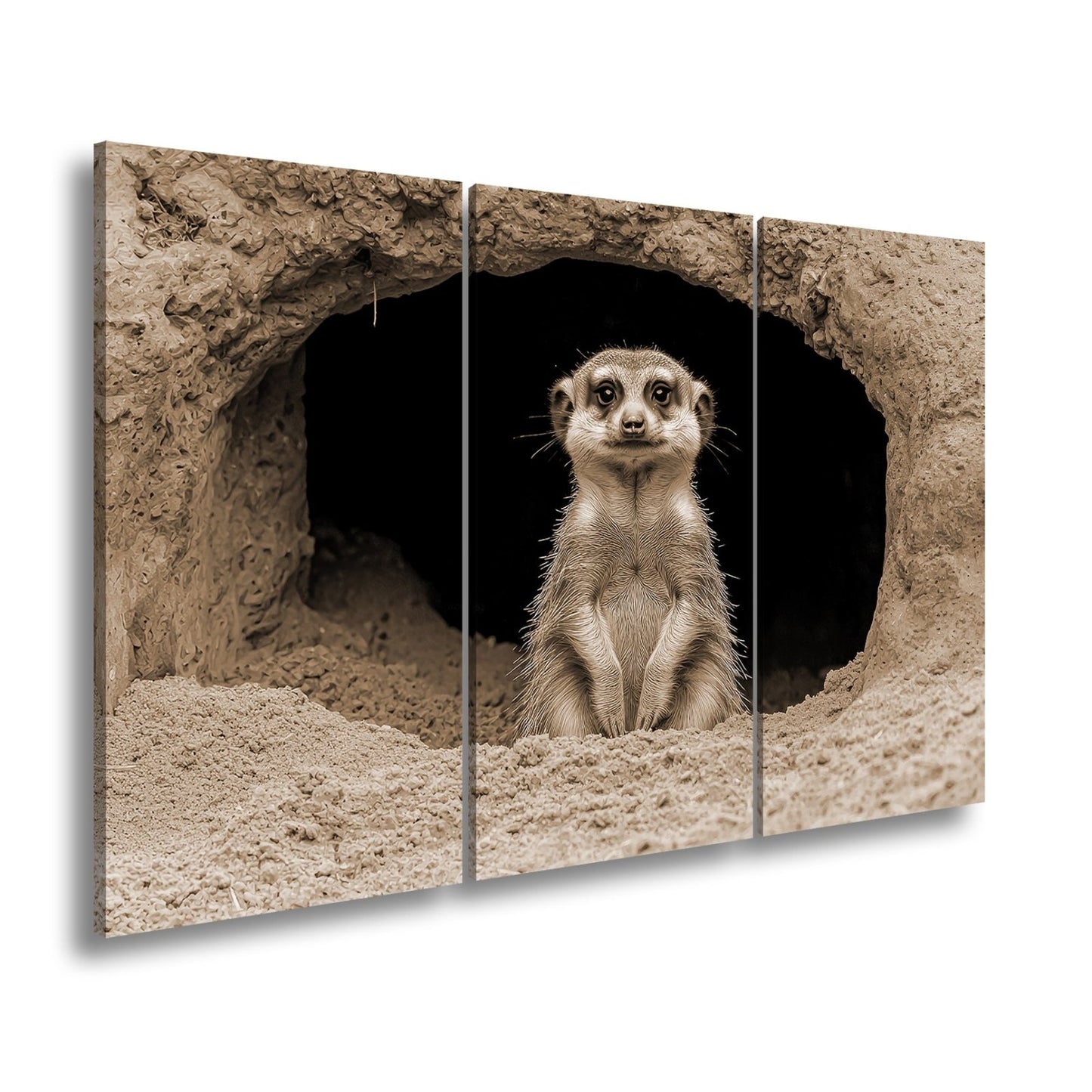 Leinwandbild Wächter der Wüste – Erdmännchen posiert vor dunklem Bau. - deyoli