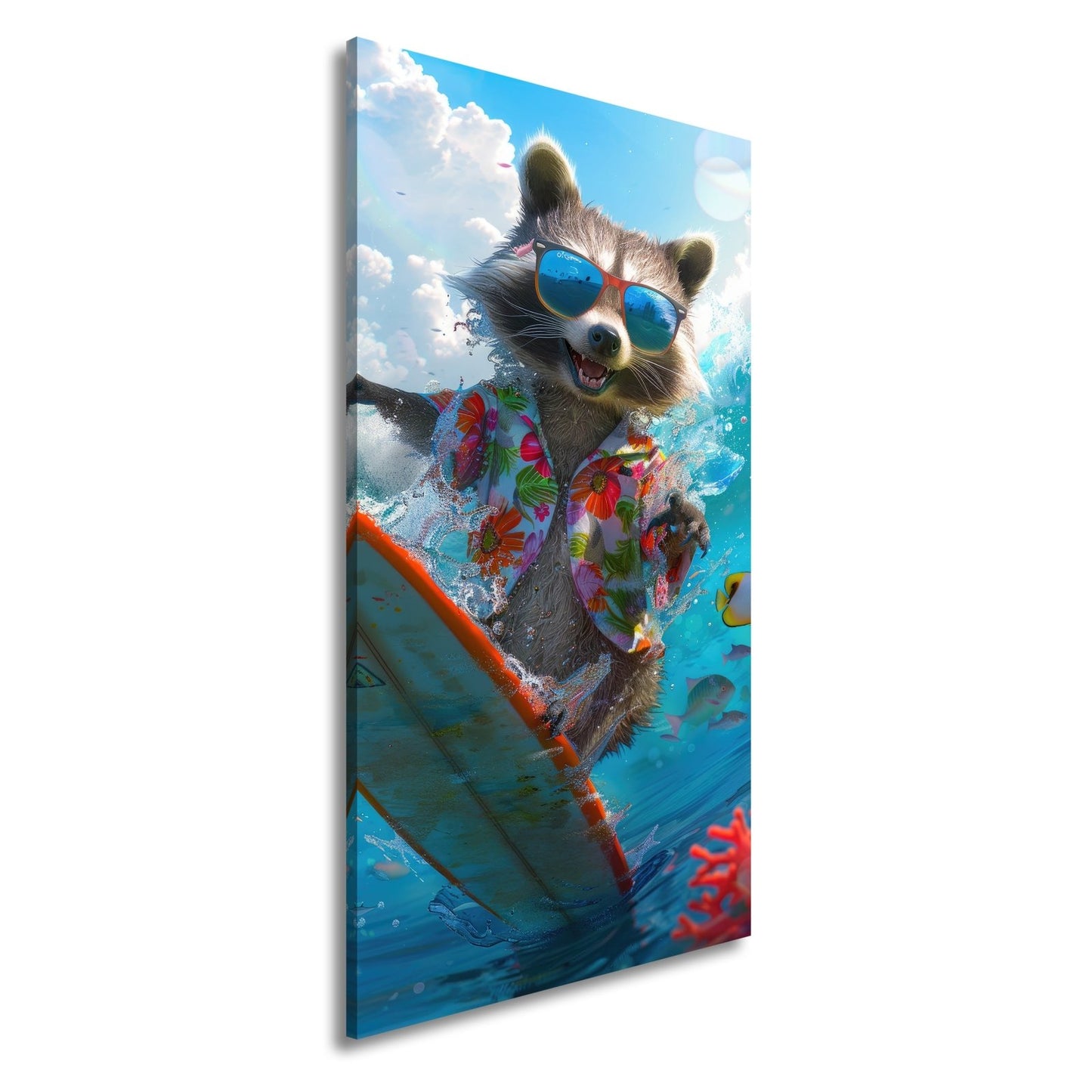Leinwandbild Waschbär XXL – Auf Surftour mit Blütenshirt und Sonnenbrille - deyoli