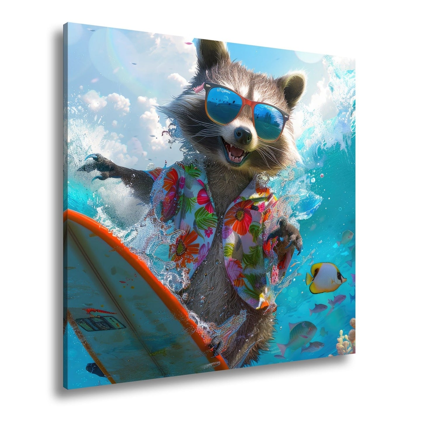 Leinwandbild Waschbär XXL – Auf Surftour mit Blütenshirt und Sonnenbrille - deyoli