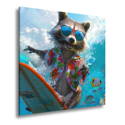 Leinwandbild Waschbär XXL – Auf Surftour mit Blütenshirt und Sonnenbrille - deyoli