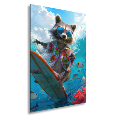 Leinwandbild Waschbär XXL – Auf Surftour mit Blütenshirt und Sonnenbrille - deyoli