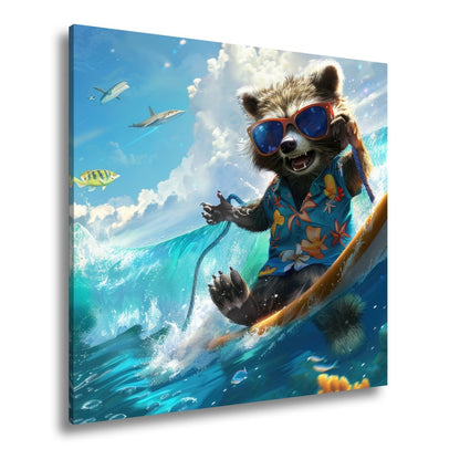 Leinwandbild Waschbär XXL – Tropisch mit Welle, Sonnenbrille und Stil - deyoli