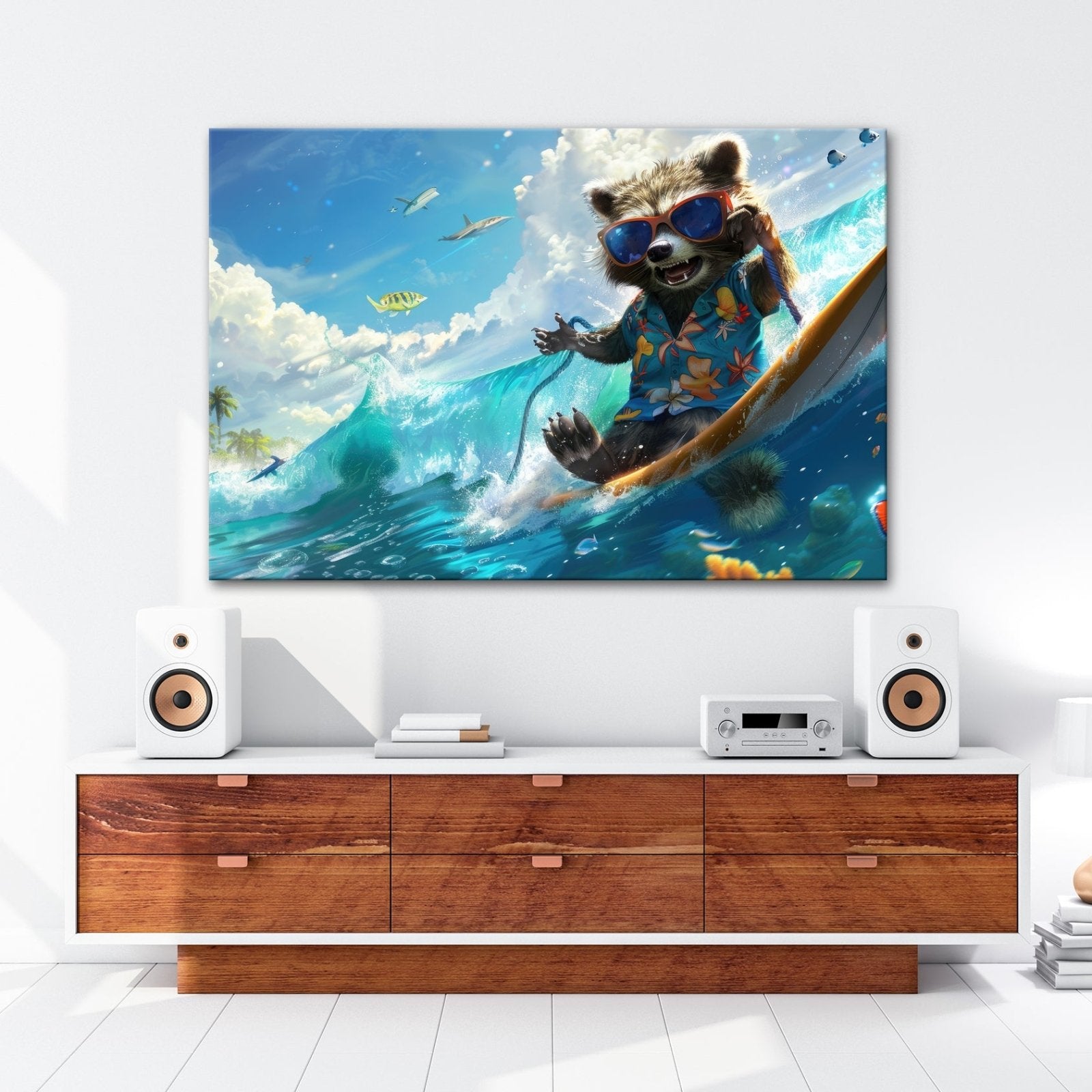 Leinwandbild Waschbär XXL – Tropisch mit Welle, Sonnenbrille und Stil - deyoli