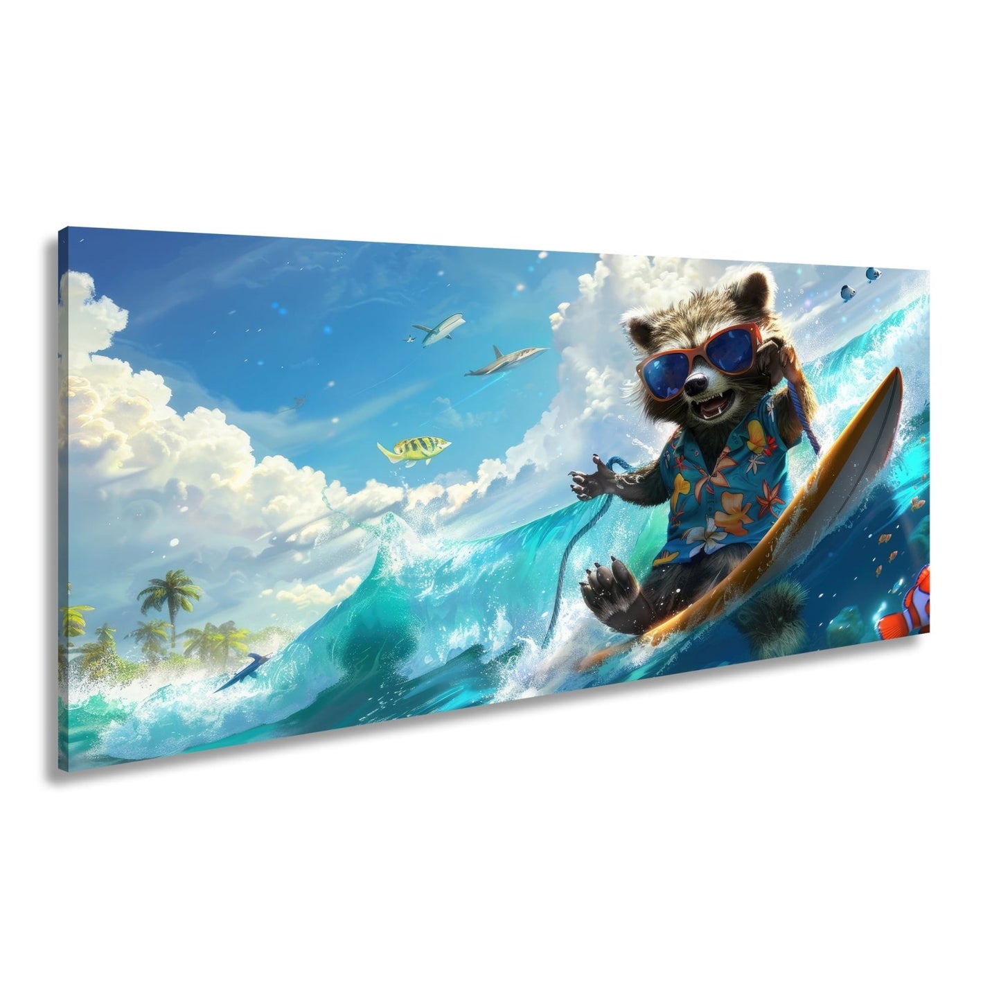 Leinwandbild Waschbär XXL – Tropisch mit Welle, Sonnenbrille und Stil - deyoli