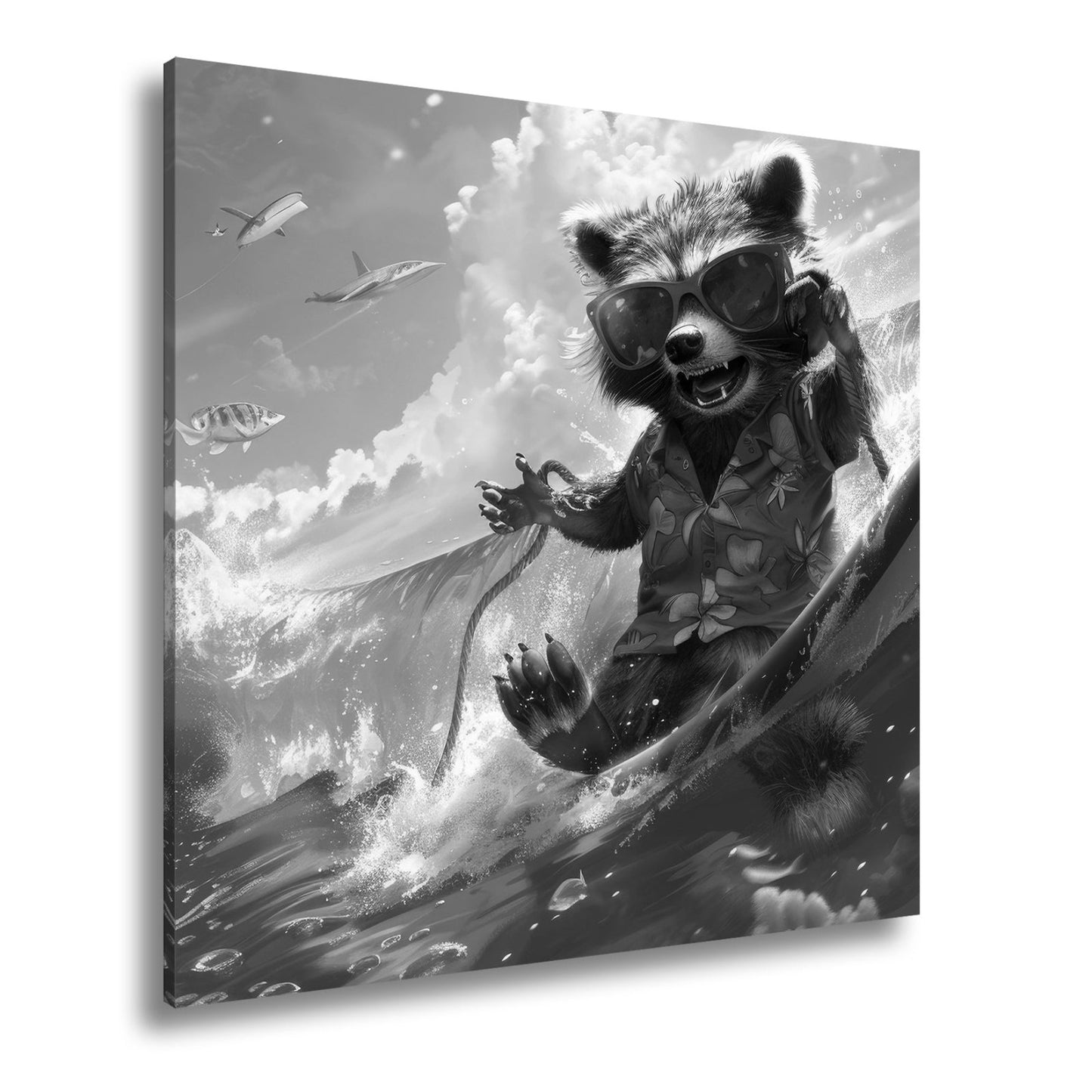 Leinwandbild Waschbär XXL – Tropisch mit Welle, Sonnenbrille und Stil - deyoli