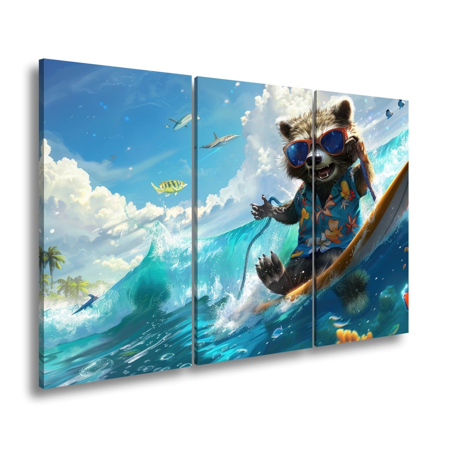 Leinwandbild Waschbär XXL – Tropisch mit Welle, Sonnenbrille und Stil - deyoli