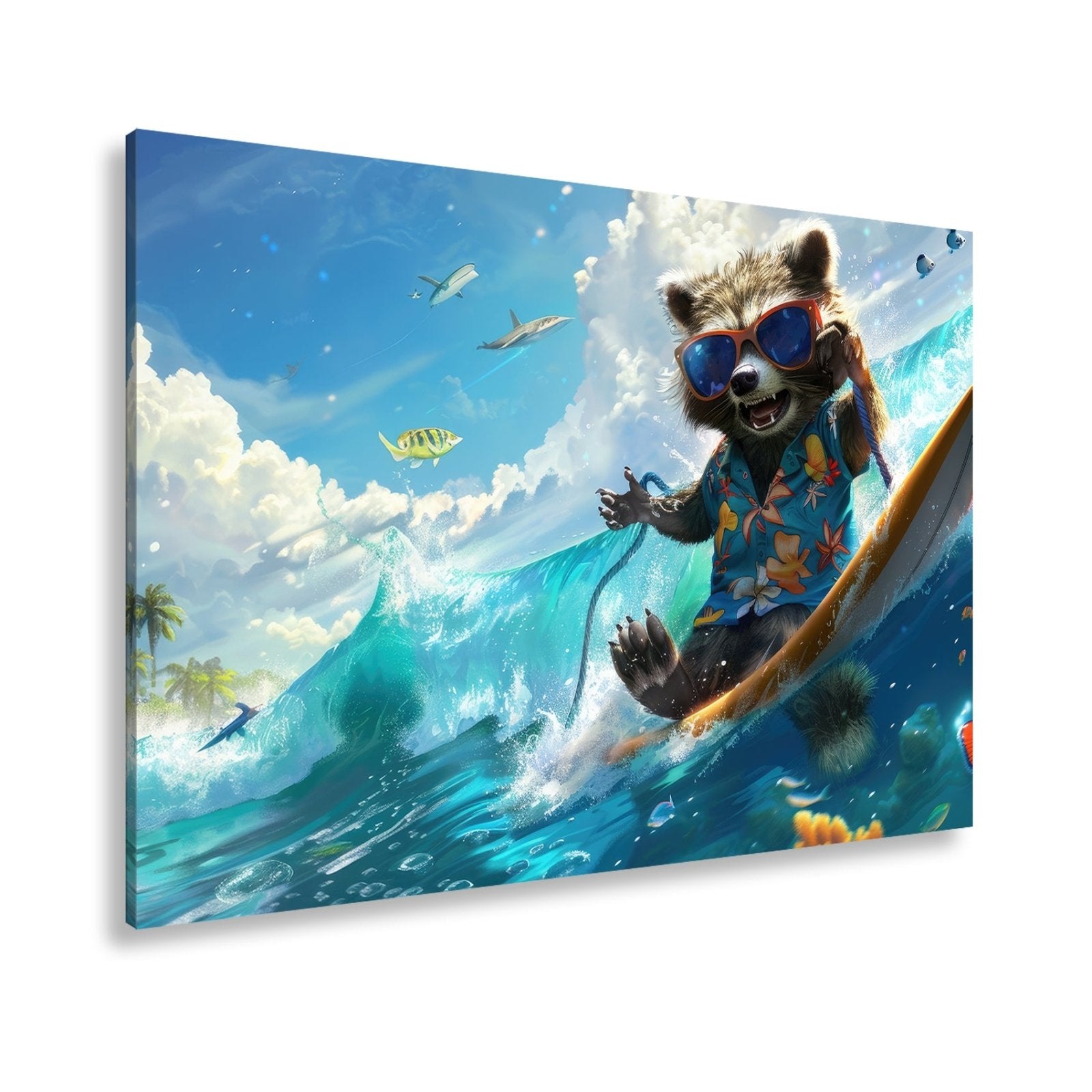 Leinwandbild Waschbär XXL – Tropisch mit Welle, Sonnenbrille und Stil - deyoli