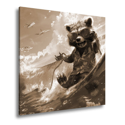 Leinwandbild Waschbär XXL – Tropisch mit Welle, Sonnenbrille und Stil - deyoli