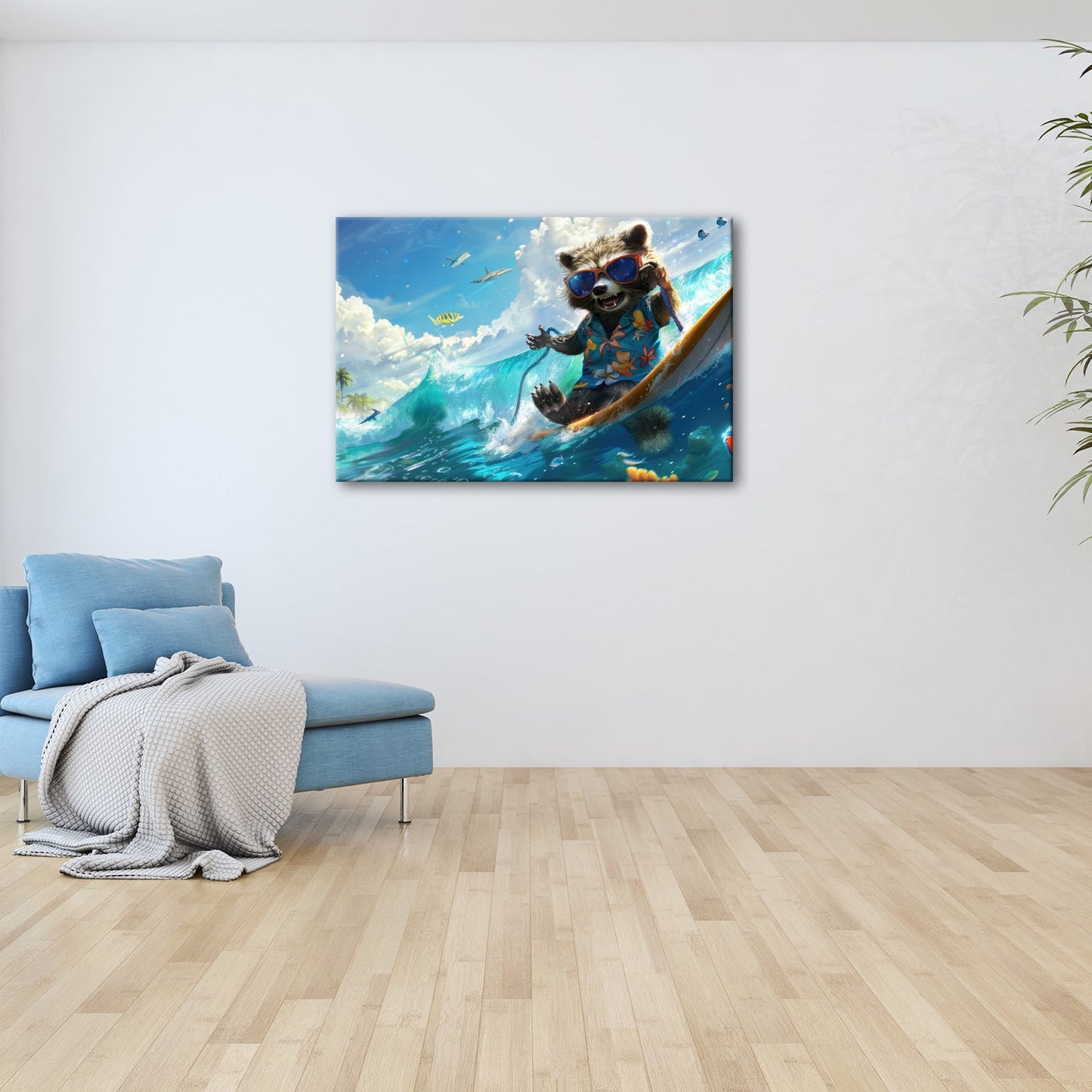 Leinwandbild Waschbär XXL – Tropisch mit Welle, Sonnenbrille und Stil - deyoli