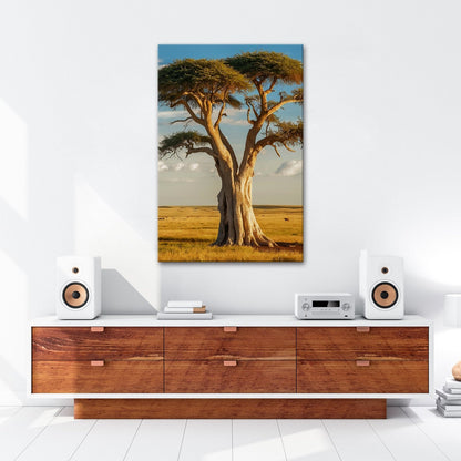 Leinwandbild Weiser Baum in goldener Savanne – Wächter der Weite. - deyoli