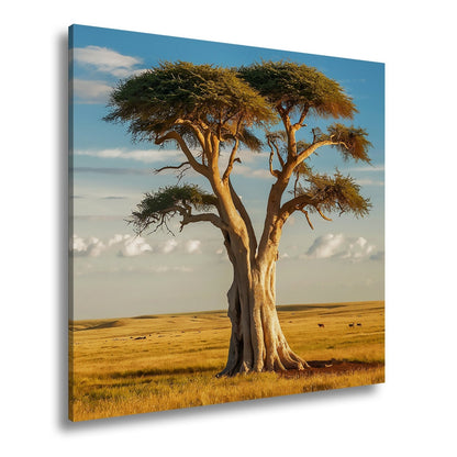 Leinwandbild Weiser Baum in goldener Savanne – Wächter der Weite. - deyoli