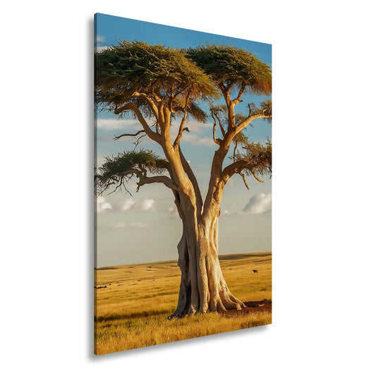 Leinwandbild Weiser Baum in goldener Savanne – Wächter der Weite. - deyoli
