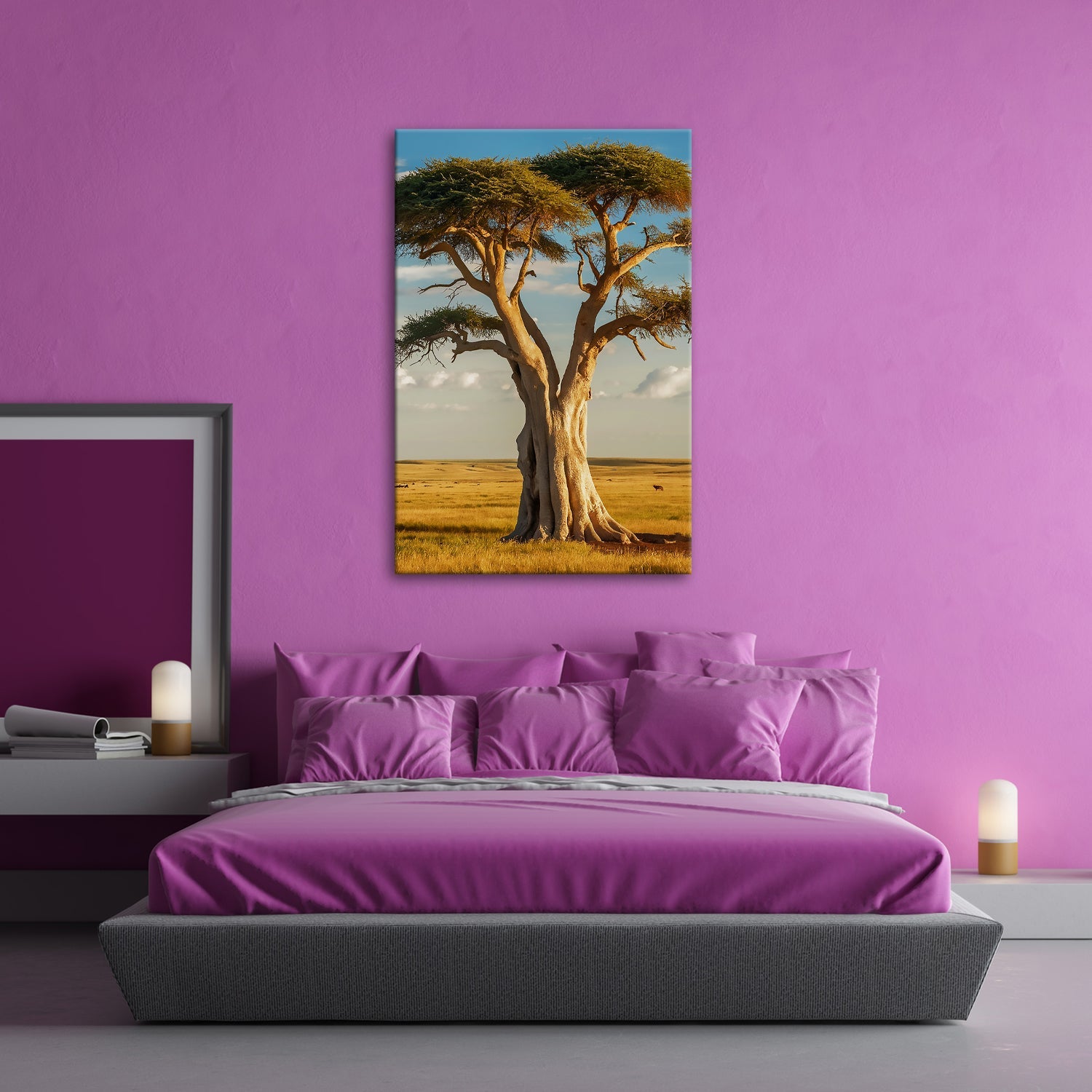 Leinwandbild Weiser Baum in goldener Savanne – Wächter der Weite. - deyoli