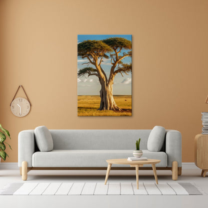 Leinwandbild Weiser Baum in goldener Savanne – Wächter der Weite. - deyoli