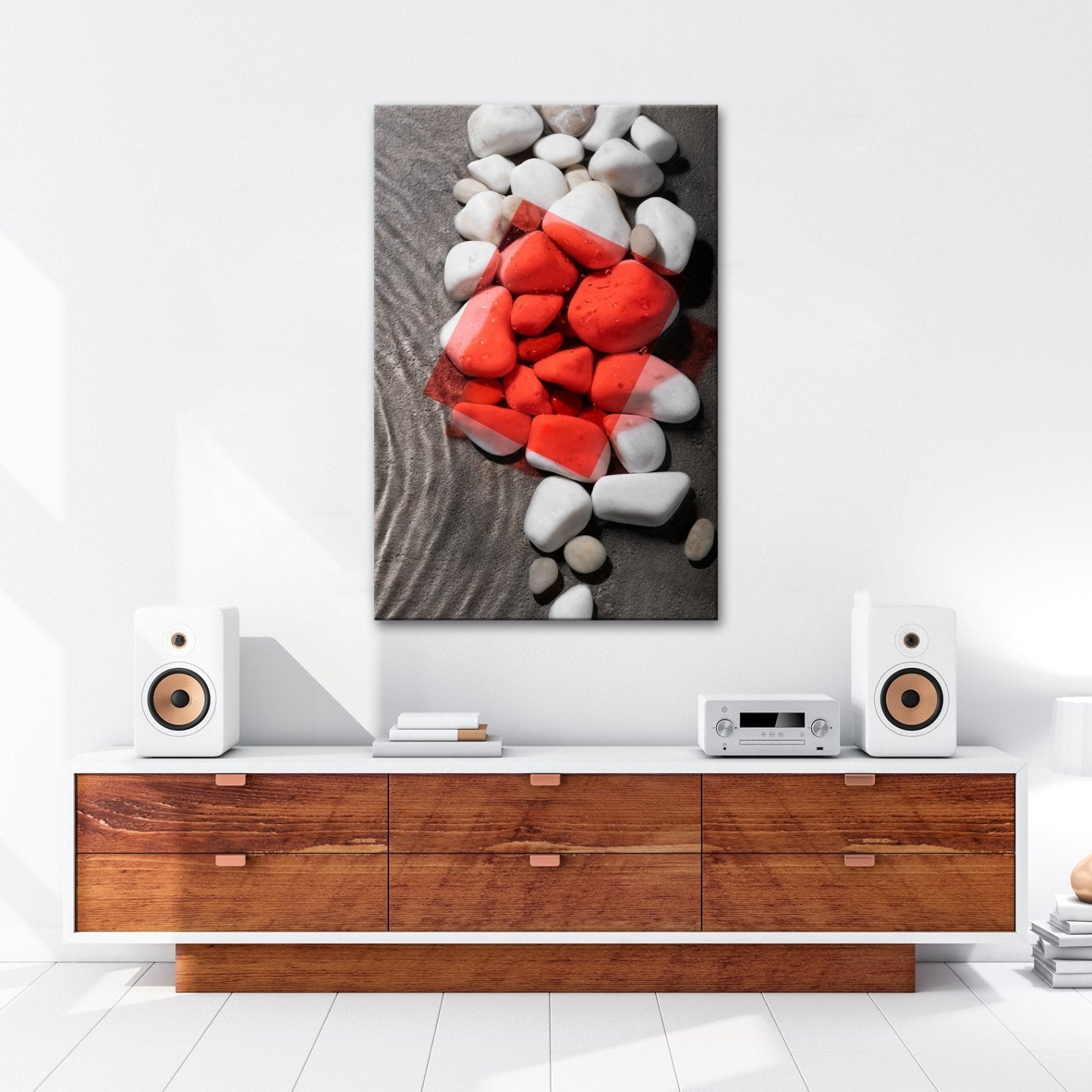 Leinwandbild Weiße Kiesel, roter Filter – Kunst im Zen - Gewand. - deyoli