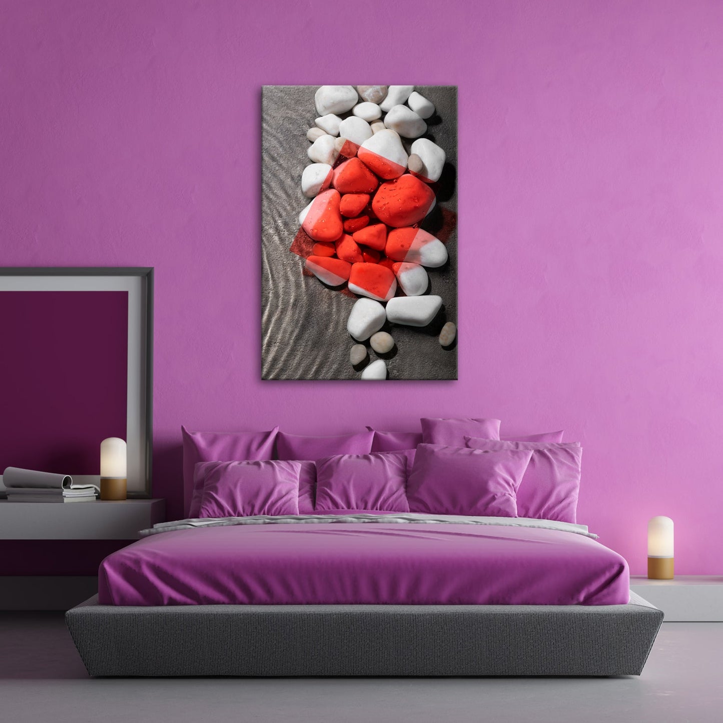 Leinwandbild Weiße Kiesel, roter Filter – Kunst im Zen - Gewand. - deyoli
