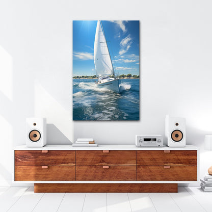 Leinwandbild Weißes Segel küsst den Horizont an klarer Küste. - deyoli