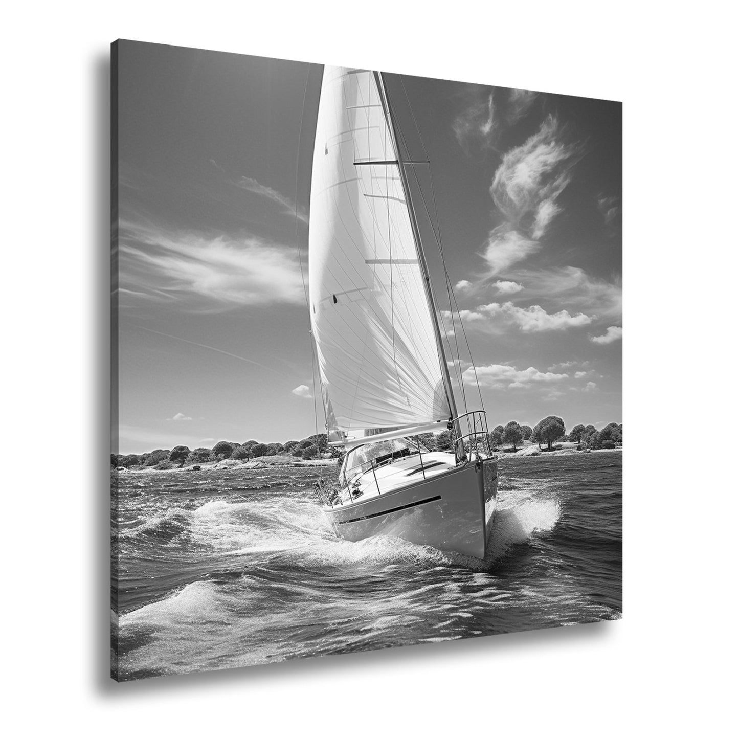 Leinwandbild Weißes Segel küsst den Horizont an klarer Küste. - deyoli