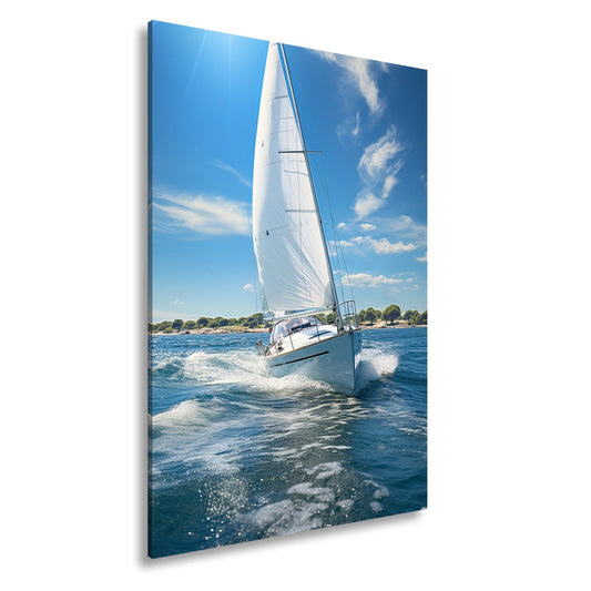 Leinwandbild Weißes Segel küsst den Horizont an klarer Küste. - deyoli