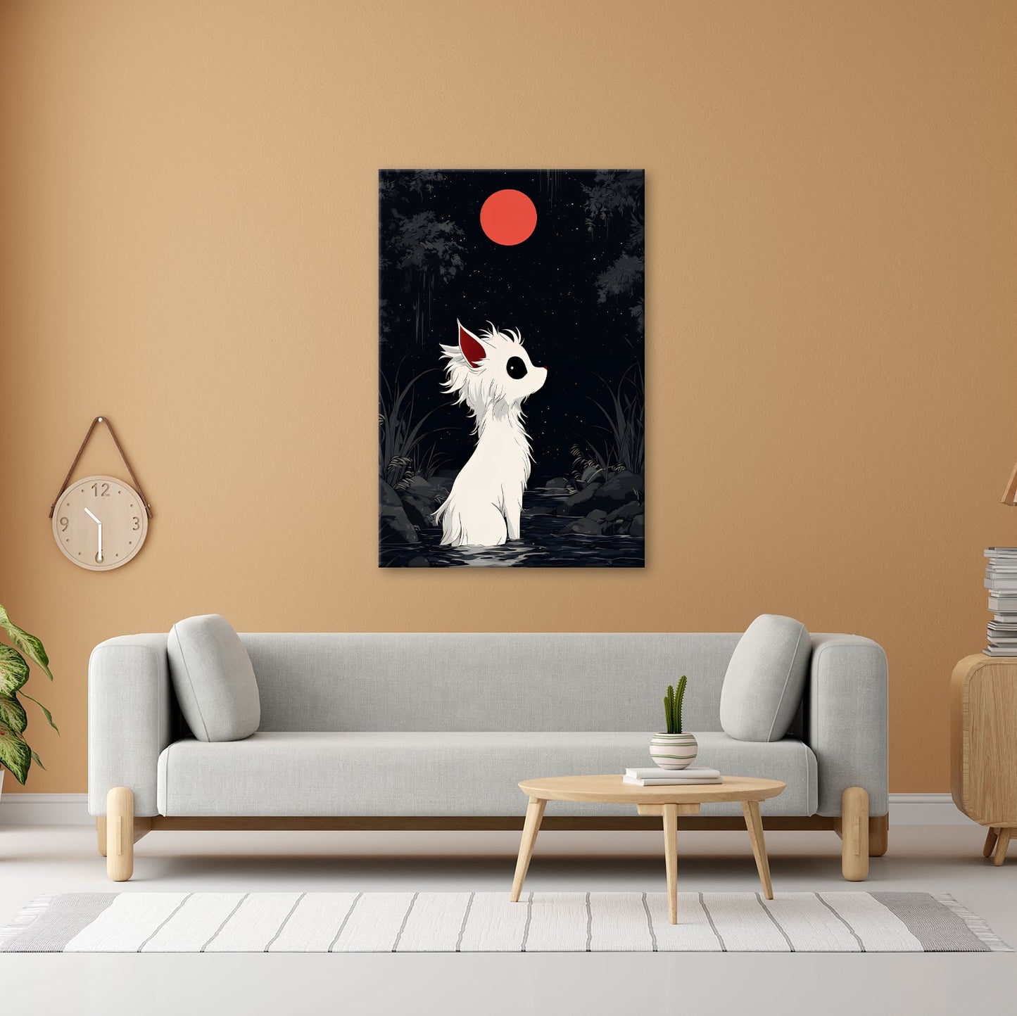 Leinwandbild Weißes Wesen staunt still zum roten Mond empor. - deyoli