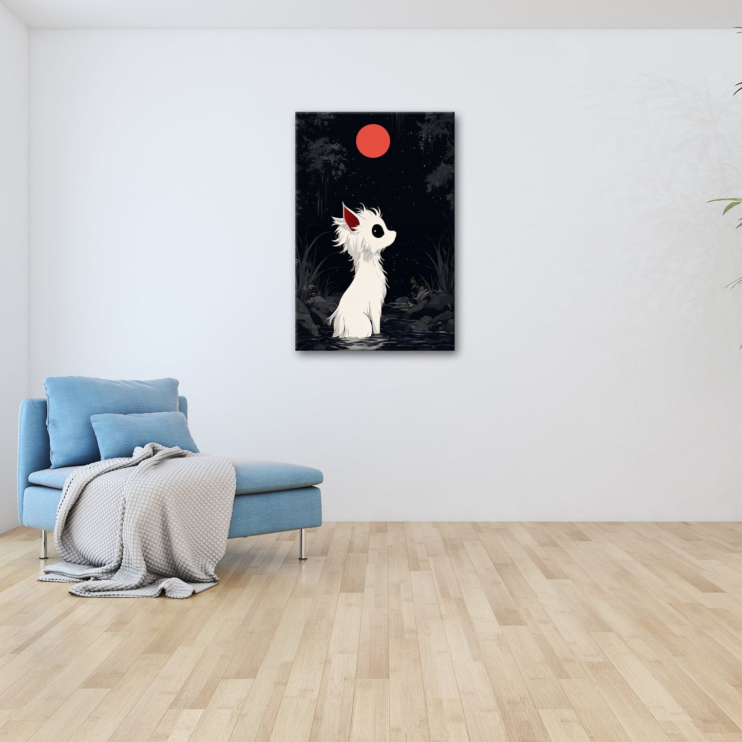 Leinwandbild Weißes Wesen staunt still zum roten Mond empor. - deyoli