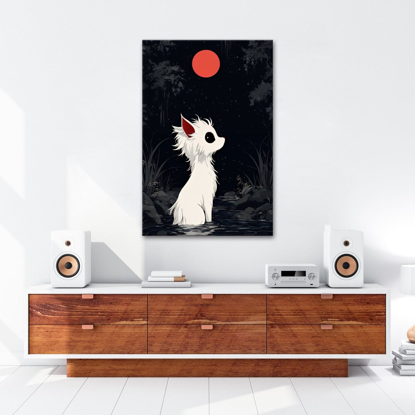 Leinwandbild Weißes Wesen staunt still zum roten Mond empor. - deyoli