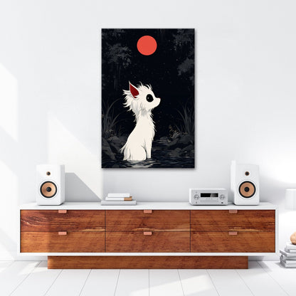Leinwandbild Weißes Wesen staunt still zum roten Mond empor. - deyoli
