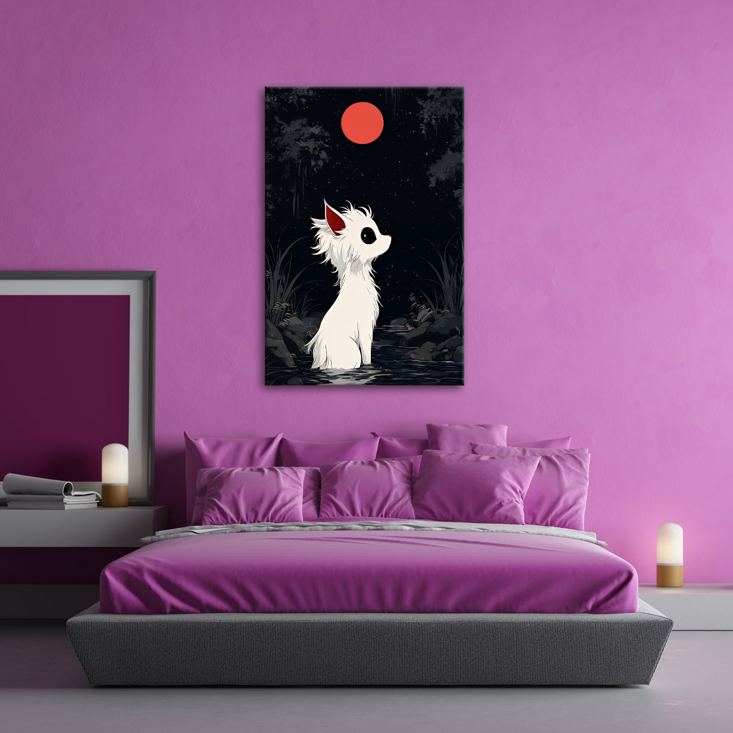 Leinwandbild Weißes Wesen staunt still zum roten Mond empor. - deyoli