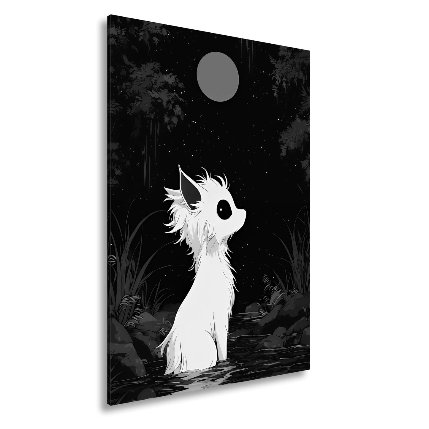 Leinwandbild Weißes Wesen staunt still zum roten Mond empor. - deyoli