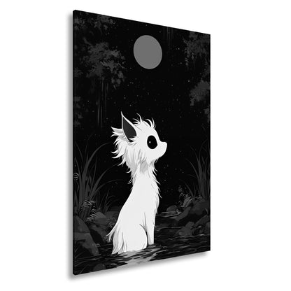 Leinwandbild Weißes Wesen staunt still zum roten Mond empor. - deyoli