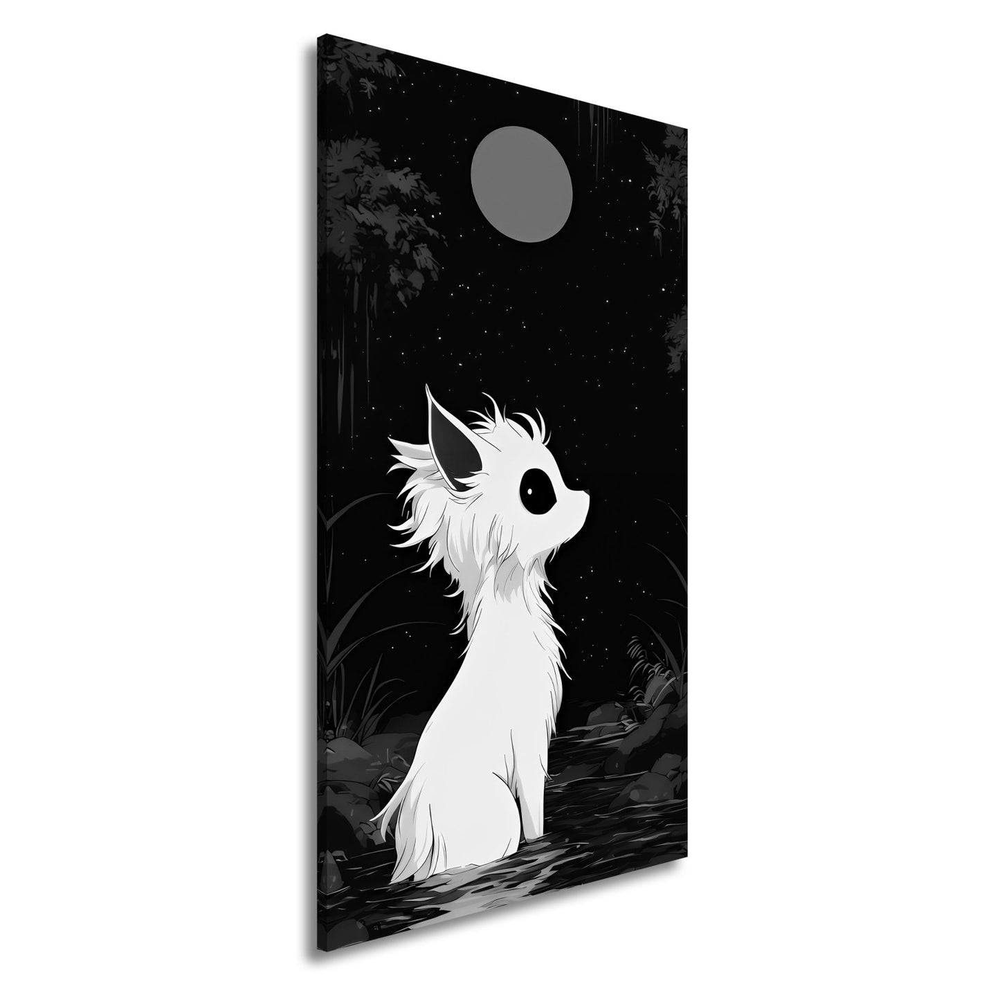 Leinwandbild Weißes Wesen staunt still zum roten Mond empor. - deyoli