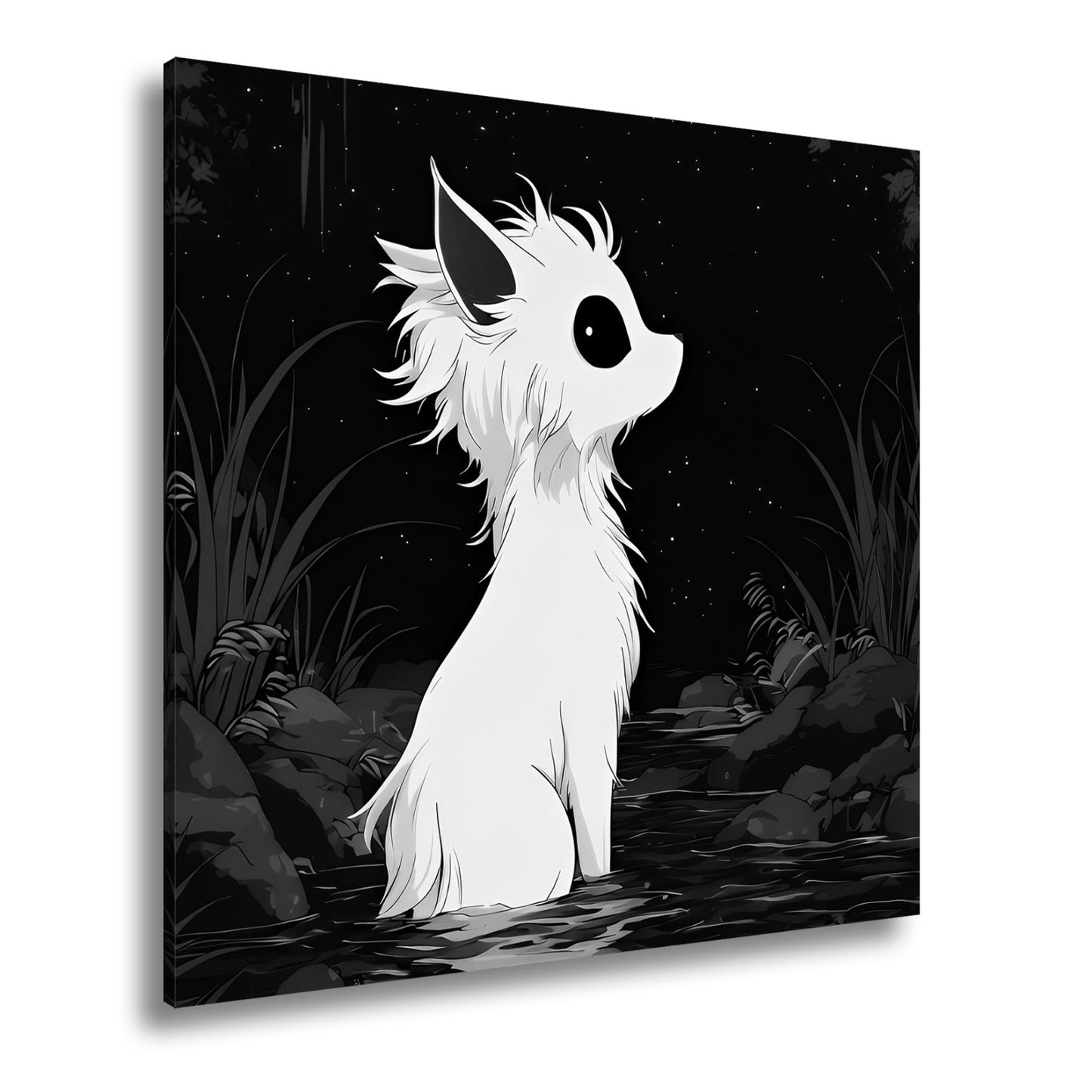 Leinwandbild Weißes Wesen staunt still zum roten Mond empor. - deyoli